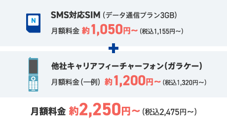 SMS対応シム（データ通信プラン3GB）安い月額料金でガラケーと2台持ち！